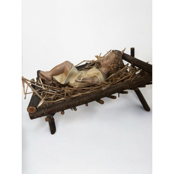 Antique Infant Jesus 1900s Real Wood Manger Nativity Baby Religious Decor - Picture 9 of 16